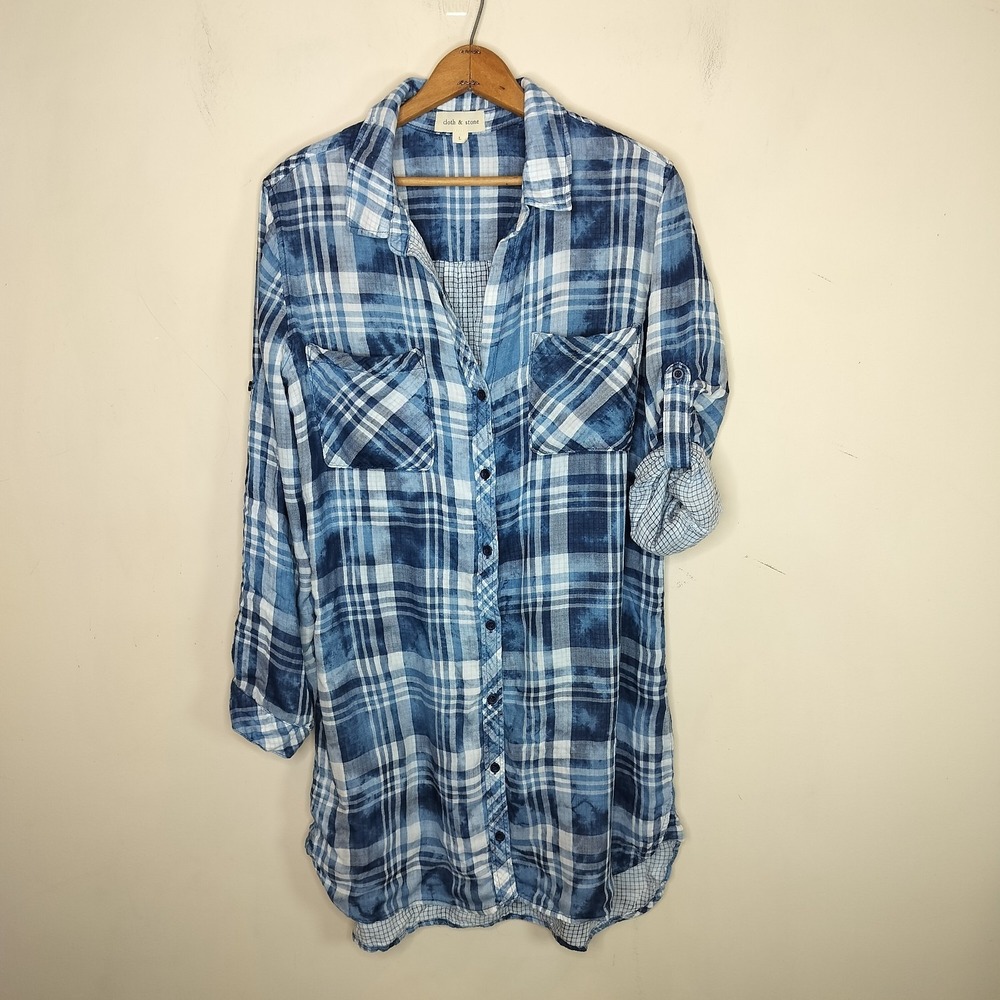 cloth & stone Blue Plaid Long Sleeve Tunic Dress